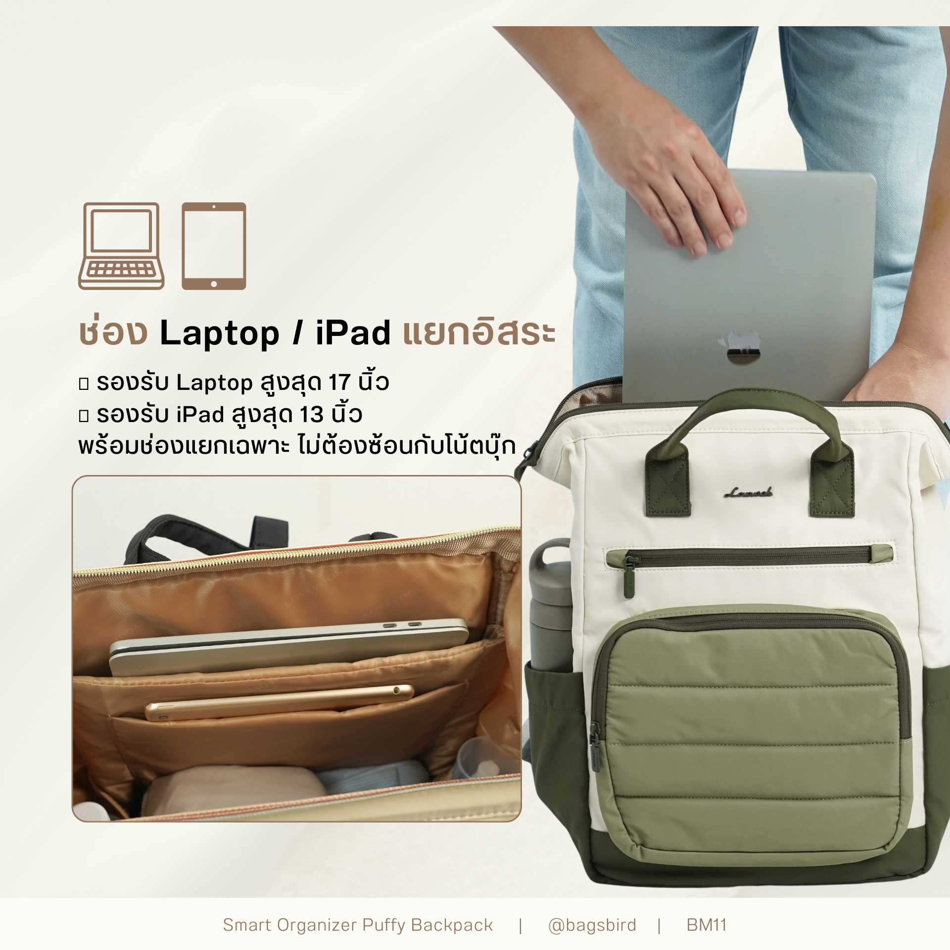 BM11 Smart Organizer Puffy Backpack | กระเป๋าเป้ Laptop 17 นิ้ว กระเป๋าเป้จัดระเบียบ 15 ช่อง เปิดกว้าง จุเยอะ กันน้ำ สำหรับทำงาน เดินทาง และใช้งานทุกวัน | Bagsbird - Image 7