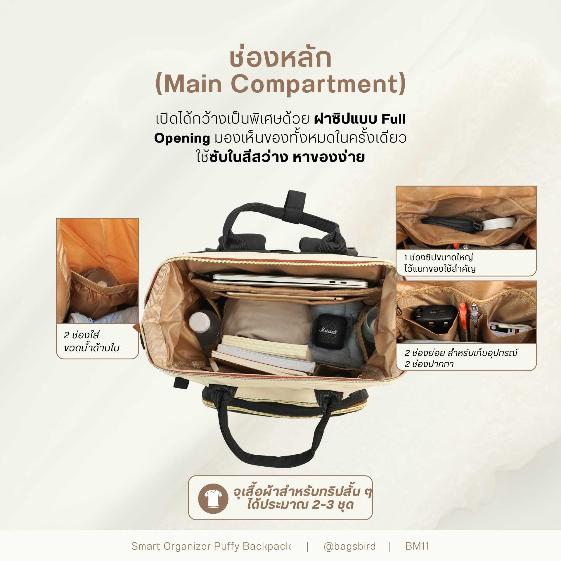 BM11 Smart Organizer Puffy Backpack | กระเป๋าเป้ Laptop 17 นิ้ว กระเป๋าเป้จัดระเบียบ 15 ช่อง เปิดกว้าง จุเยอะ กันน้ำ สำหรับทำงาน เดินทาง และใช้งานทุกวัน | Bagsbird - Image 8